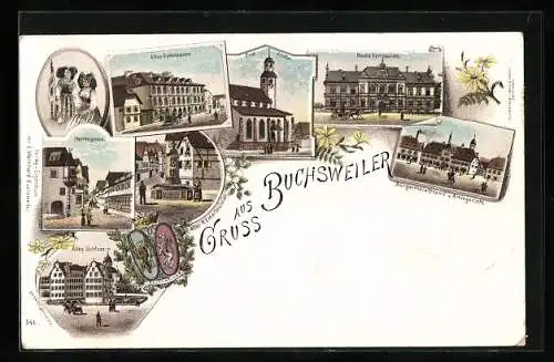 Lithographie Buchsweiler /Haut-Rhin, Bürgermeisteramt und Amtsgericht, Herrengasse, Neues Gymnasium, Altes Schloss