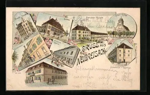 Lithographie Neubreisach /Haut-Rhin, Rathhaus, Garnisons-Verwaltung, Kaiserl. Kommandantur, Postgebäude