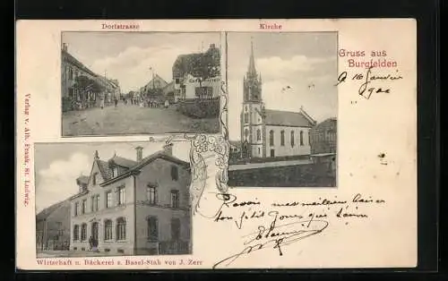 AK Burgfelden /Haut-Rhin, Gasthaus und Bäckerei zum Basel-Stab von J. Zerr, Dorfstrasse, Kirche