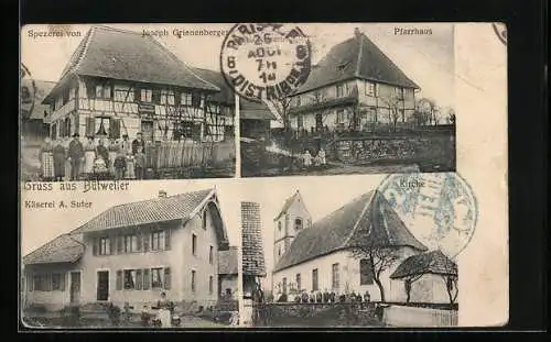 AK Bütweiler, Käserei A. Suter, Spezerei Joseph Greinenberger, Pfarrhaus und Kirche