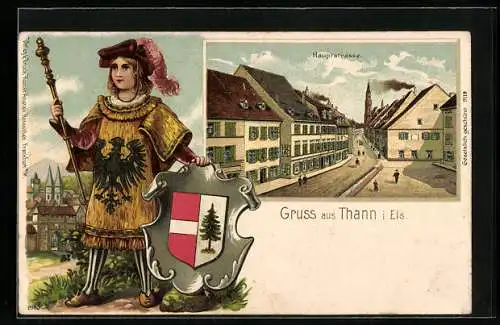 Lithographie Thann i. Els., Hauptstrasse im Wappen-Passepartout