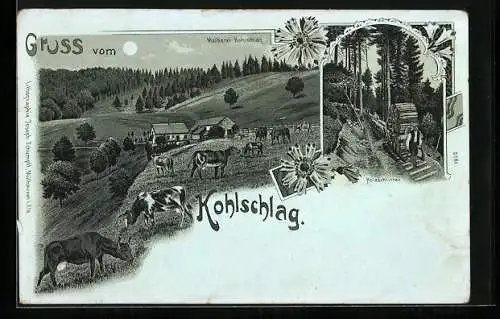 Mondschein-Lithographie Kohlschlag, Melkerei und Holzschlitter