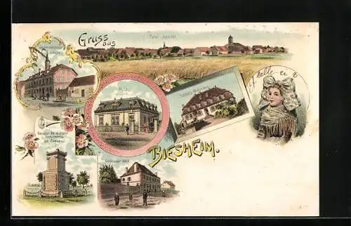 Lithographie Biesheim, Schloss Bielmann, Post, Gebrüder Weyl, Gemeindehaus-Schule