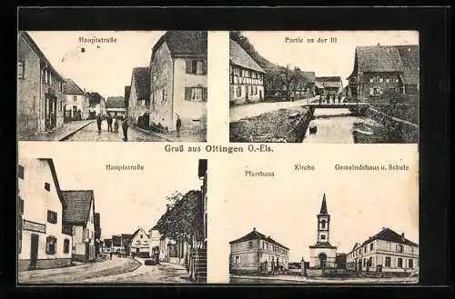 AK Oltingen /O.-Els., Hauptstrasse, Gemeindehaus u. Schule, Pfarrhaus und Kirche