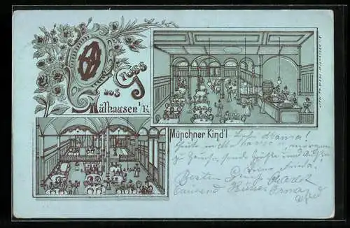 Mondschein-Lithographie Mülhausen i. E., Restaurant Münchner Kindl, Innenansicht