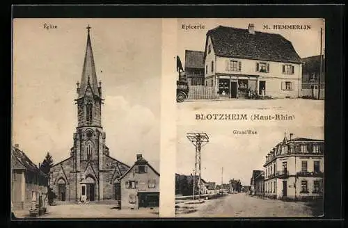 AK Blotzheim /Haut-Rhin, Epicerie H. Hemmerlin, Église