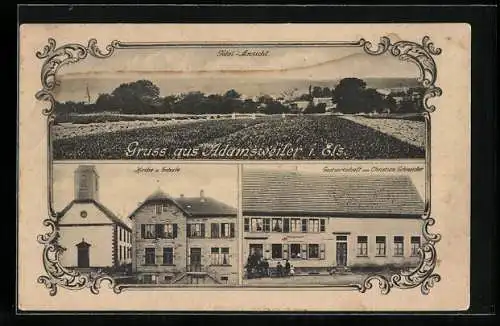 AK Adamsweiler i. Els., Gastwirtschaft v. Christian Schneider, Kirche, Schule, Totalansicht