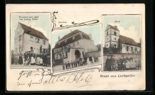 AK Lochweiler, Wirtschaft zum Apfel v. Ludwig Weber, Pfarrhaus, Kirche