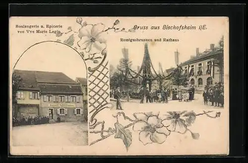 AK Bischofsheim i. E., Boulangerie u. Epicerie v. Marie Legin, Remigusbrunnen und Rathaus