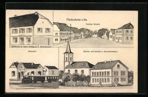 AK Fürdenheim i. Els., Bahnhof, Sattlerei u. Spez.-Hdlg. v. V. Brückmann, Pariser Strasse