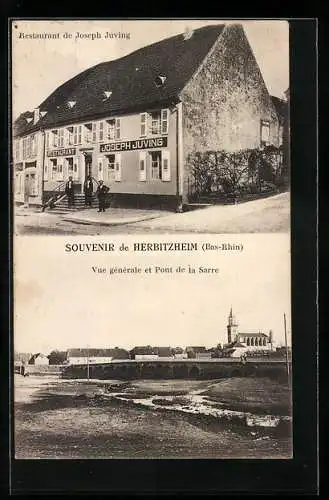 AK Herbitzheim /Bas-Rhin, Restaurant de Joseph Juving, Vue générale et Pont de la Sarre