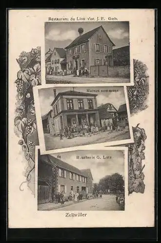 AK Zellwiller, Restaurant du Lion J. P. Goeb, Boucherie G. Lutz, Maison commune