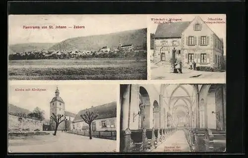 AK St-Johann /Zabern, Gasthaus und Metzgerei Mich. Kleiber, Kirche mit Innenansicht
