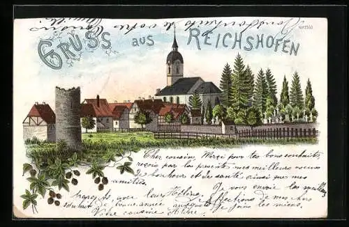 Lithographie Reichshofen, Kirche mit Friedhof