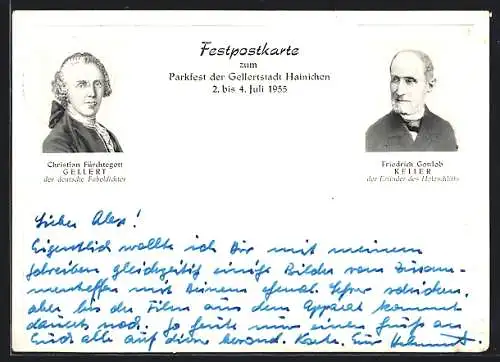 AK Hainichen / Sa., Festpostkarte zum Parkfest 1955, Dichter Christian Gellert, Portal d. Trinitatiskirche