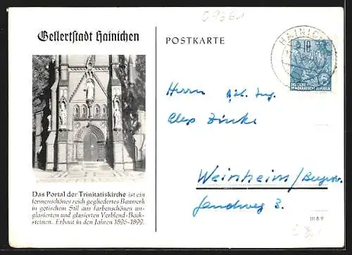 AK Hainichen / Sa., Festpostkarte zum Parkfest 1955, Dichter Christian Gellert, Portal d. Trinitatiskirche