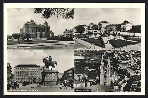 AK Zagreb, Kazaliste, Kolodvor, Spomenik Bana Jelacica, Katedrala