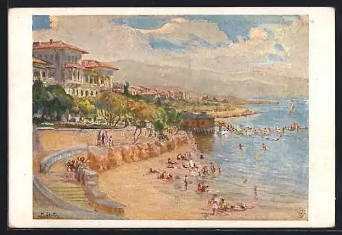 Künstler-AK Novi Vinodolski, Ortsansicht, belebter Strand an der Adria