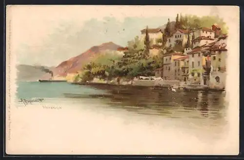 Lithographie Varenna, Teilansicht vom See aus