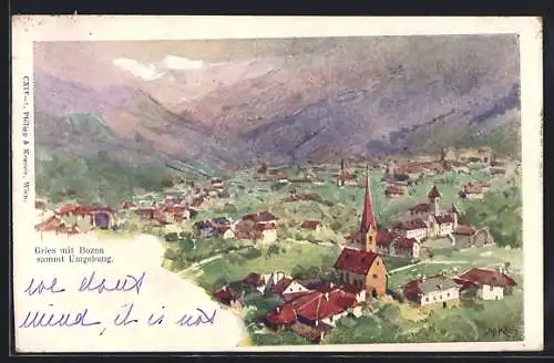 Künstler-AK Philipp + Kramer Nr. CXIV-1: Gries, Blick auf Bozen und Umgebung