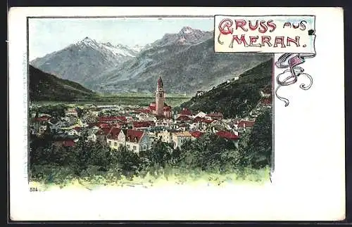AK Meran, Stadtansicht mit Bergpanorama