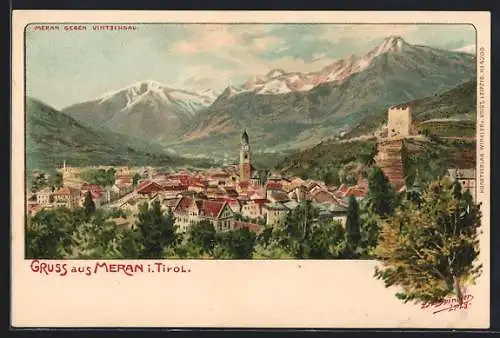 Künstler-Lithographie Erwin Spindler: Meran, Generalansicht gegen Vintschgau