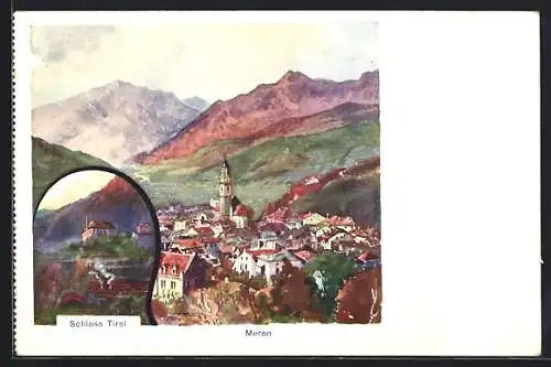Künstler-AK Meran, Stadtansicht mit Schloss Tirol