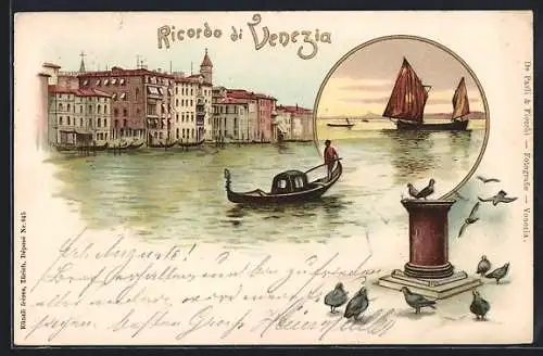 Lithographie Venedig, Gondelpartie mit Uferblick, Tauben