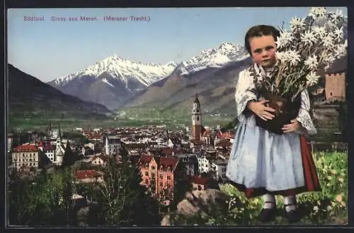 AK Meran /Südtirol, Stadtansicht und Mädchen in Meraner Tracht