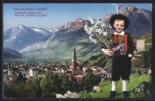 AK Meran, Blick von einer Anhöhe auf den Ort, Knabe in Tracht