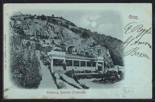 Mondschein-AK Gries, Erzherzog Heinrich-Promenade mit Anlagen