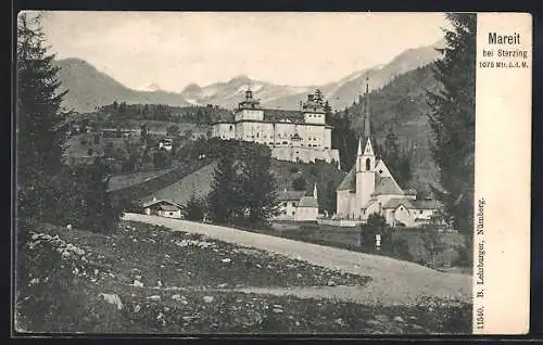 AK Mareit bei Sterzing, Blick auf die Kirche und das Schloss dahinter