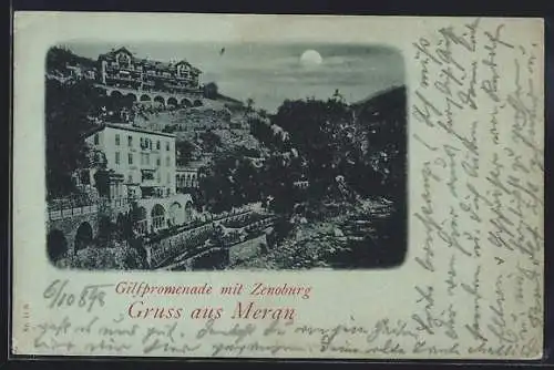 Mondschein-AK Meran, Gilfpromenade mit Zenoburg