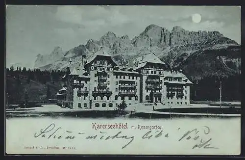 Mondschein-AK Karersee, Hotel mit Rosengarten