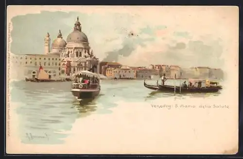 Lithographie Venice, Gondelpartie mit Ortsblick, La Salute