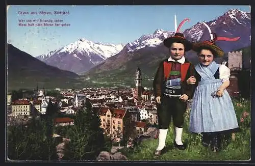 AK Meran, Ortsansicht & Kinderpaar in Tracht