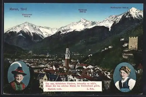 AK Meran /Tirol, Stadtansicht gegen Zielspitze, Tschigal und Muthspitze