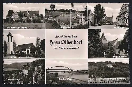 AK Hess. Oldendorf, Badeanstalt, Weserbrücke, Marktplatz