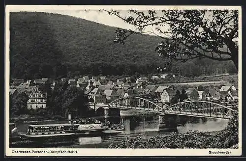 AK Gieselwerder, Ortsansicht mit Brücke und Dampfer