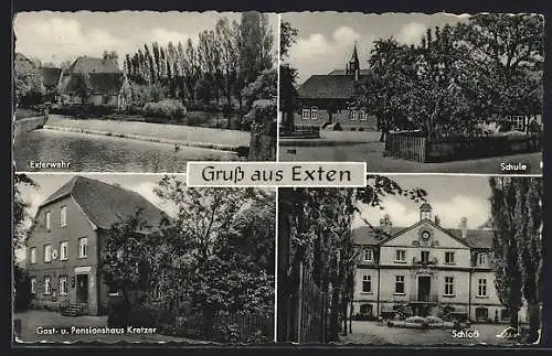 AK Exten, Gasthaus-Pension Kretzer, Exterwehr, Schule