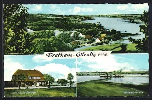 AK Drethem-Glienitz /Elbe, Geschäftshaus W. Meger, Elbpartie, Gesamtansicht