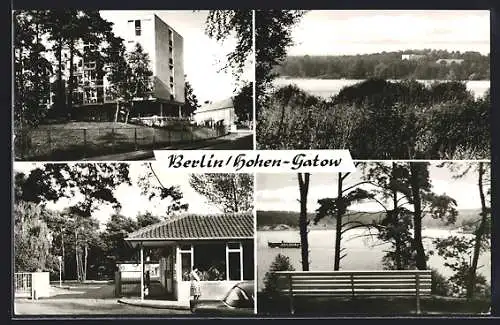 AK Hohen-Gatow /Berlin, Appartmenthaus, Bank mit Seeblick