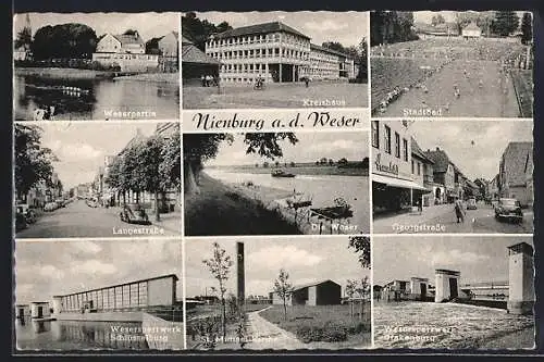 AK Nienburg a. d. Weser, Kreishaus, Langestrasse, Georgstrasse, Stadtbad, Wassersperrwerk Drakenburg