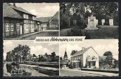 AK Abbensen /Krs. Peine, Geschäftshaus Gertrud Seffers, Kreissparkasse, Ehrenmal