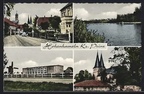 AK Hohenhameln /Peine, Kirche, Schule und Windmühle, Flusspartie