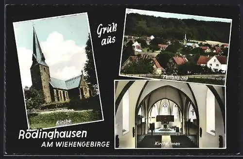 AK Rödinghausen am Wiehengebirge, Die Kirche mit Innenansicht, Teilansicht der Ortschaft