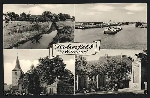 AK Kolenfeld / Aue, Kanalhafen, Kirche, Ehrenmal