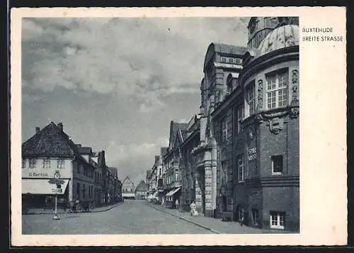 AK Buxtehude, Breite Strasse, Gasthaus G. Bertzik und Sparkasse