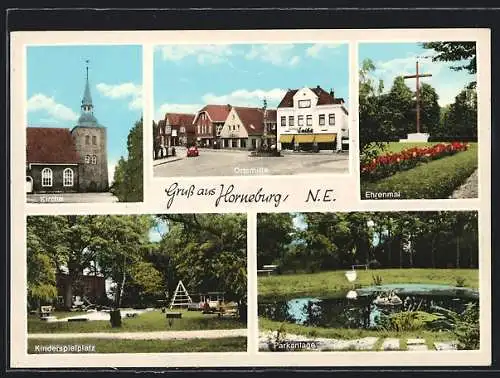 AK Horneburg /N. E., Ortsmitte mit Gasthaus Alfred Seibe, Kirche, Kinderspielplatz, Ehrenmal, Parkanlage