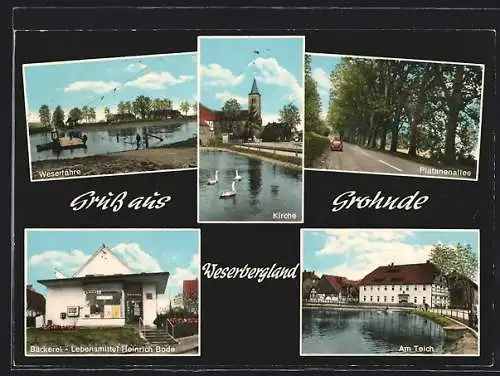 AK Grohnde /Weserbergland, Weserfähre, Kirche, Platanenallee, Teich, Bäckerei-Lebensmittelladen Heinr. Bode